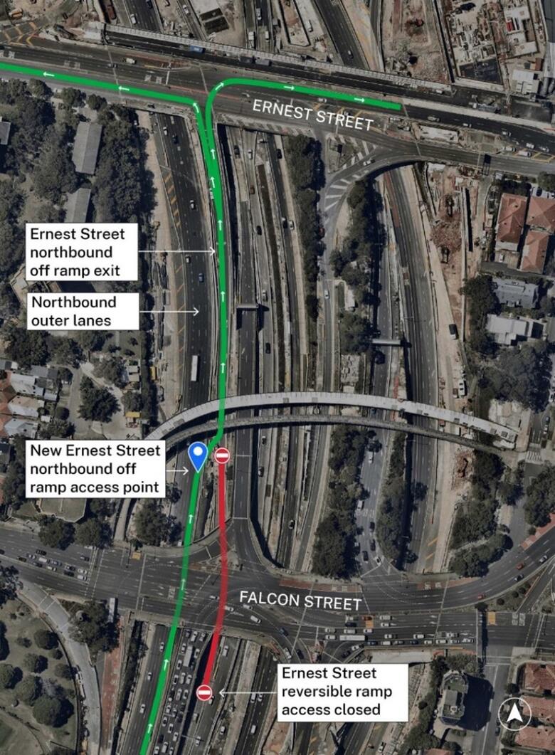 Map of the Ernest Street permanent changes as part of the Warringah Freeway upgrade